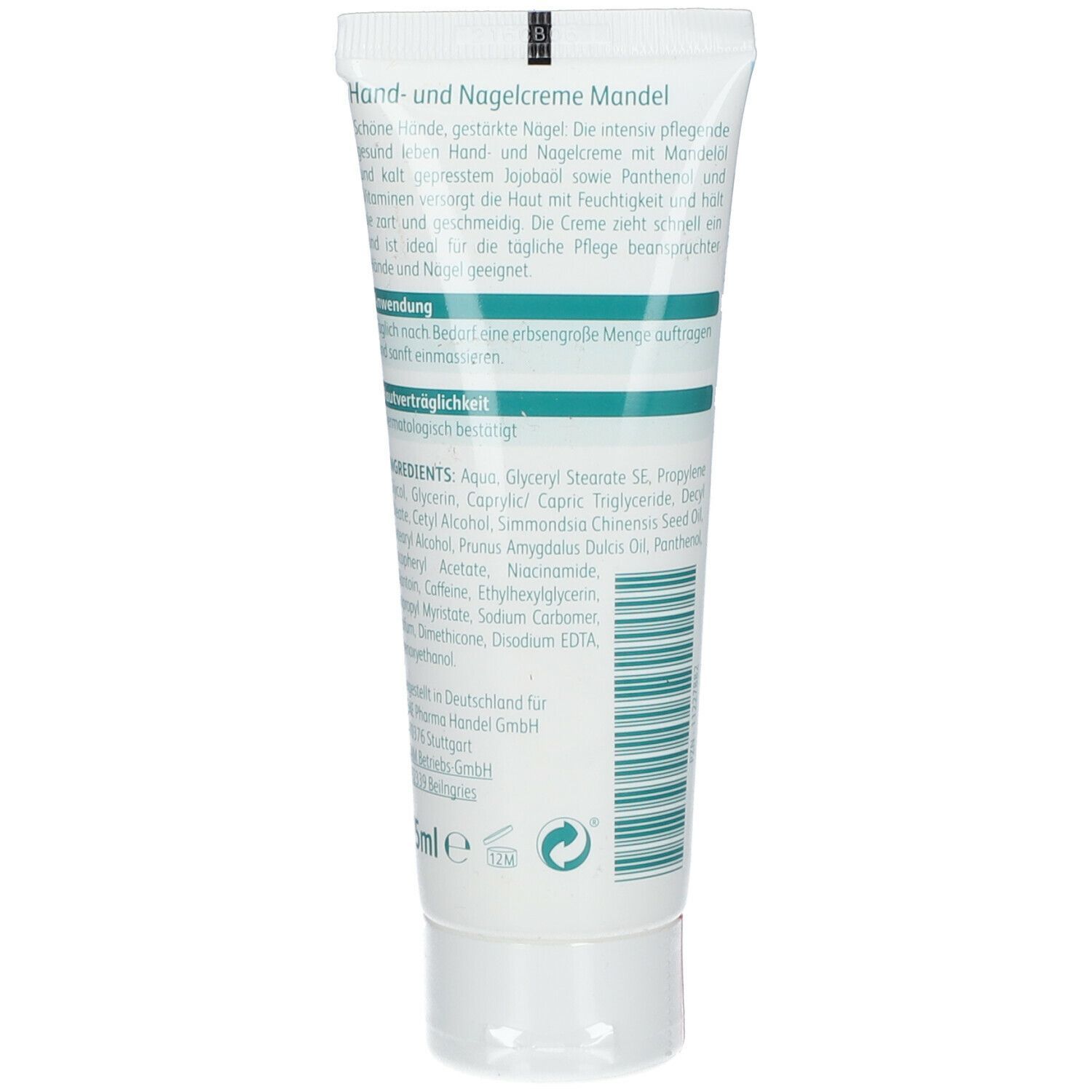 Tube Hand- und Nagelcreme Mandel, weiß, mit grünen und blauen Akzenten. Text: Hand- und Nagelcreme Mandel, Inhaltsstoffe.