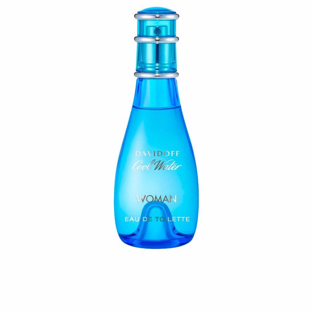Davidoff Cool Water Woman E.d.T.Nat.Spray. Hellblaue Flasche mit silbernem Verschluss. Schriftzug: Cool Water Woman.
