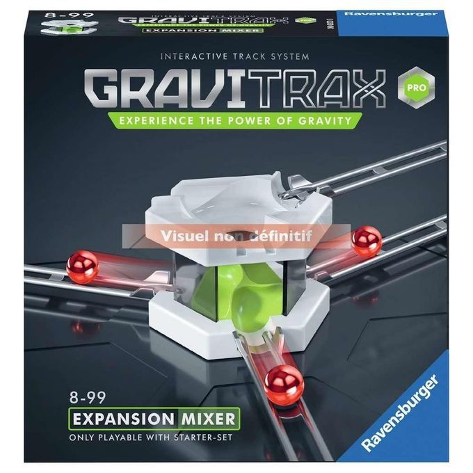 Estensione per pista di biglie GraviTrax Pro di Ravensburger. La confezione mostra il prodotto con biglie rosse che rotolano attraverso una struttura bianca. I nomi "GRAVITRAX" e "EXPANSION MIXER" sono ben visibili. È presente anche il logo Ravensburger.