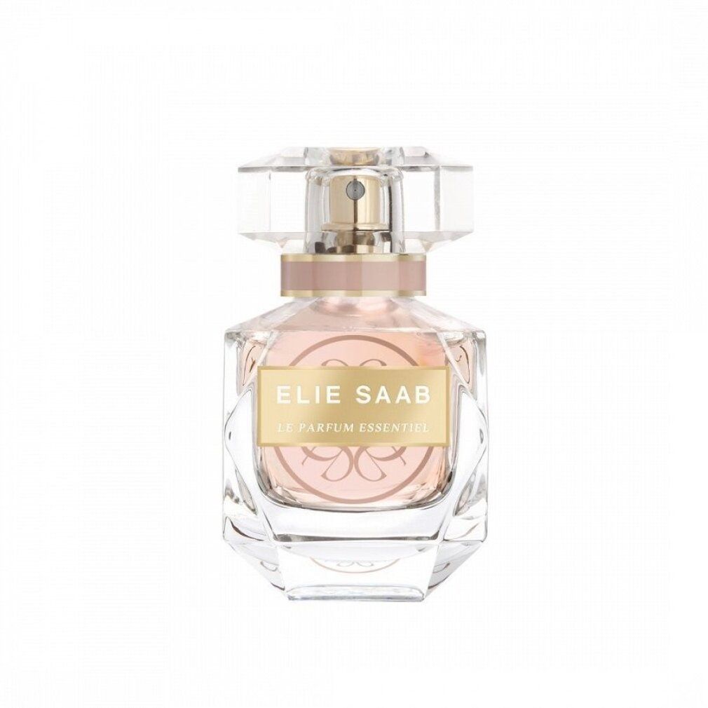 Parfümflakon mit goldfarbenem Etikett. Aufschrift: ELIE SAAB, LE PARFUM ESSENTIEL. Transparenter Glasflakon mit rosa Flüssigkeit.