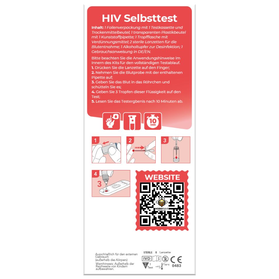 Rückseite der HIV-Selbsttest-Verpackung. Enthält Anweisungen, Illustrationen und einen QR-Code. Text in deutscher Sprache.