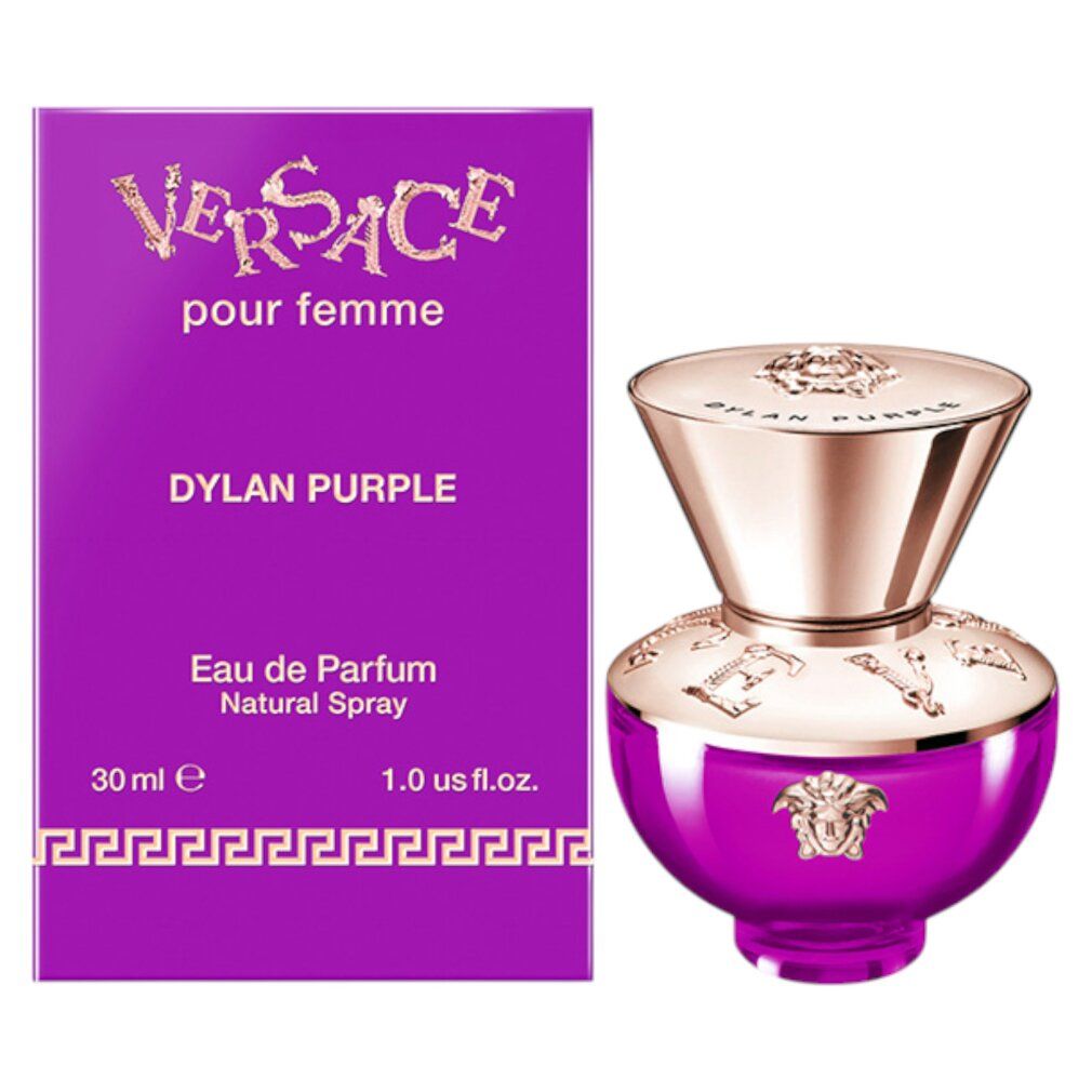 Violette Schachtel und Flakon. Auf der Schachtel: Versace, Dylan Purple, Eau de Parfum. Flakon mit goldfarbenem Deckel.