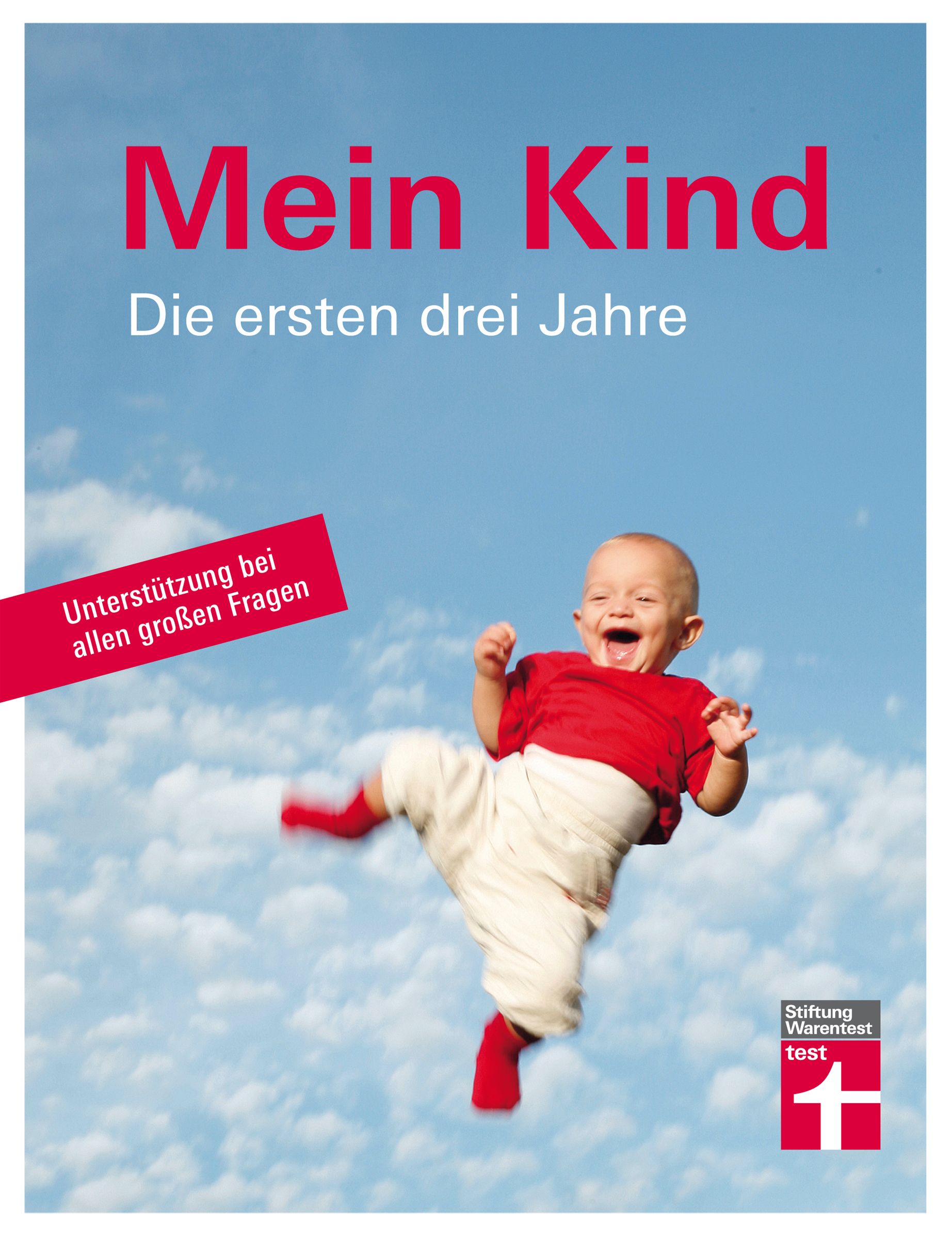 Buchcover mit Titel "Mein Kind". Ein Baby in roter Kleidung springt vor blauem Himmel. Logo Stiftung Warentest.