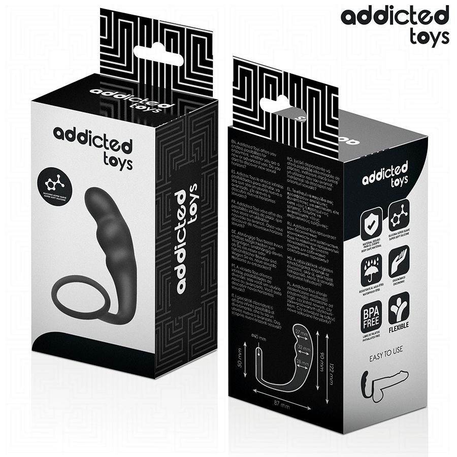 Verpackung des Analplugs mit Hodenring. Box mit Produktabbildung und Text. Marke: Addicted Toys.