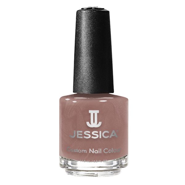 Nagellackflasche mit braunem Inhalt und schwarzem Deckel. Auf der Flasche steht "JESSICA Custom Nail Colour".