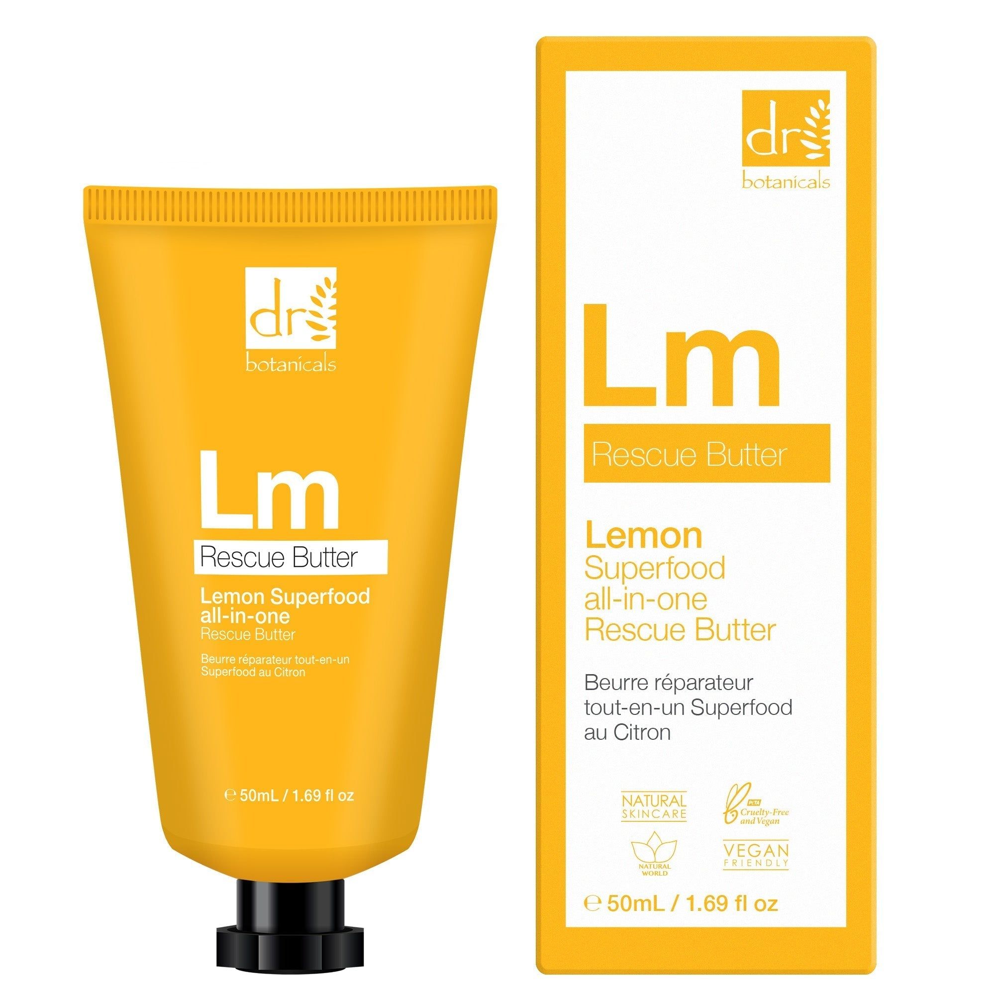 Gelbe Tube mit Creme und gelbe Verpackung. Aufschrift: Lemon Rescue Butter. Vegan-Siegel.