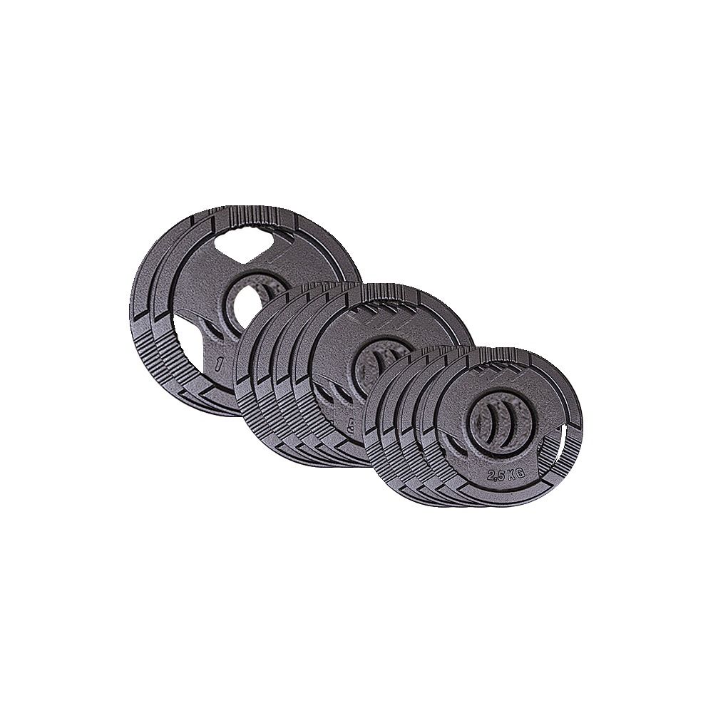 Mehrere schwarze Hantelscheiben. Runde Form mit geriffelter Oberfläche und zentralem Loch. Gewichtsklassen sind aufgedruckt.