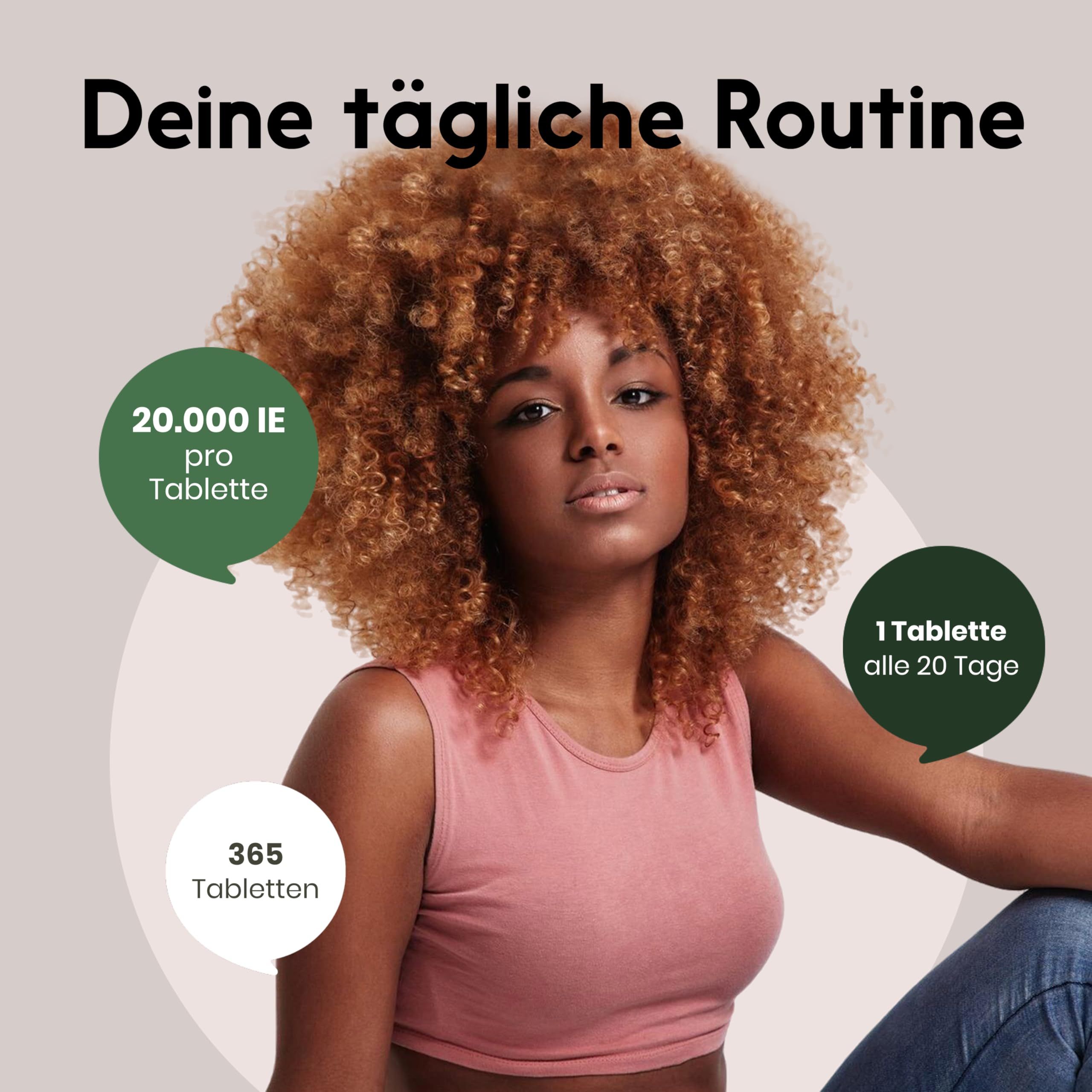 Frau mit Locken, Text: 20.000 IE pro Tablette, 365 Tabletten, 1 Tablette alle 20 Tage.