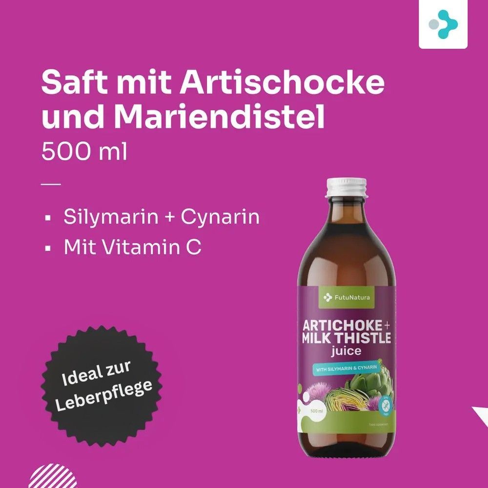 Produktflasche auf pinkem Hintergrund. Text: Saft mit Artischocke und Mariendistel, 500 ml, Silymarin + Cynarin, Mit Vitamin C. Marke FutuNatura.