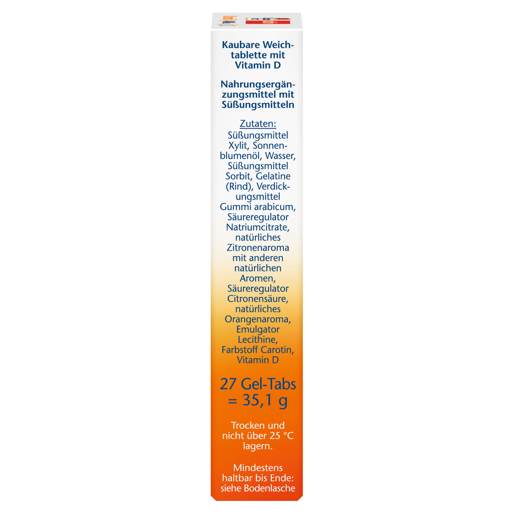 Seitenansicht der Packung von Doppelherz aktiv Vitamin D3 400 I.E. Kids, mit Zutatenliste und Mengenangabe.