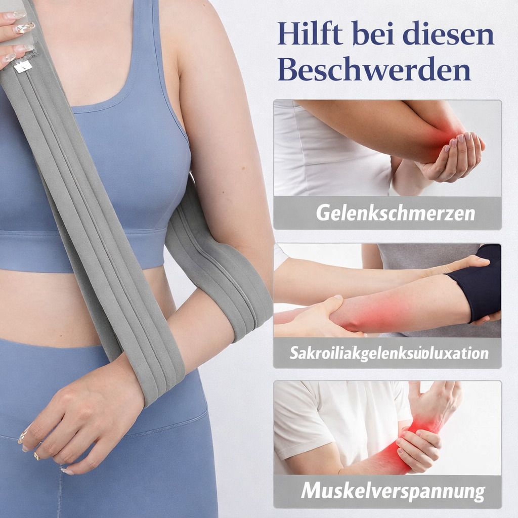 Graue Armschlinge am Arm einer Person. Illustrationen zeigen Gelenkschmerzen, Sakroiliakgelenksluxation und Muskelverspannung.