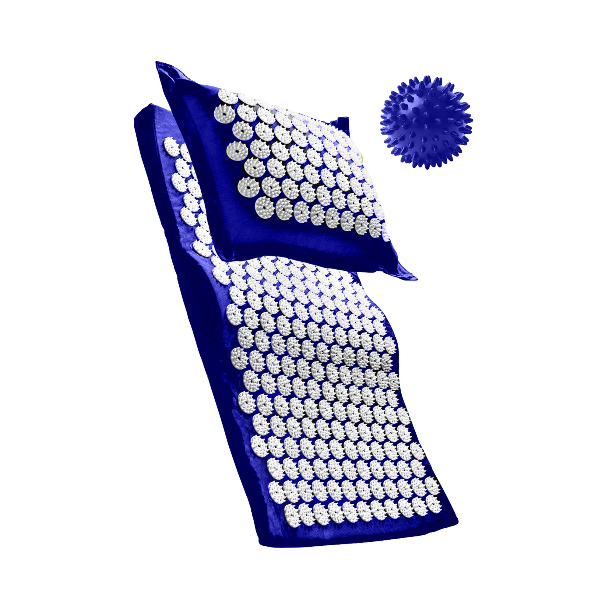 Blaues Akupressur-Set mit Matte, Kissen und Ball. Matte und Kissen mit weißen Noppen. Ball mit Noppen.