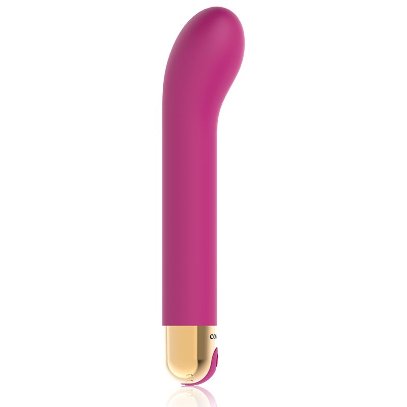 Pinkfarbener Vibrator mit goldfarbenem Ende. Sichtbar ist der Markenname. Ein/Aus-Taste und Vibrationsmodi-Taste.