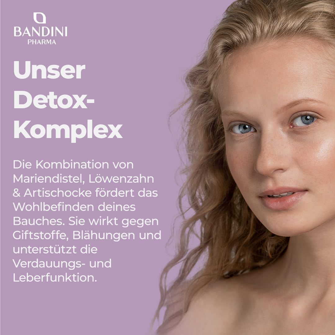 Porträt einer Frau. Text: Unser Detox-Komplex. Mariendistel, Löwenzahn & Artischocke. Fördert das Wohlbefinden des Bauches.