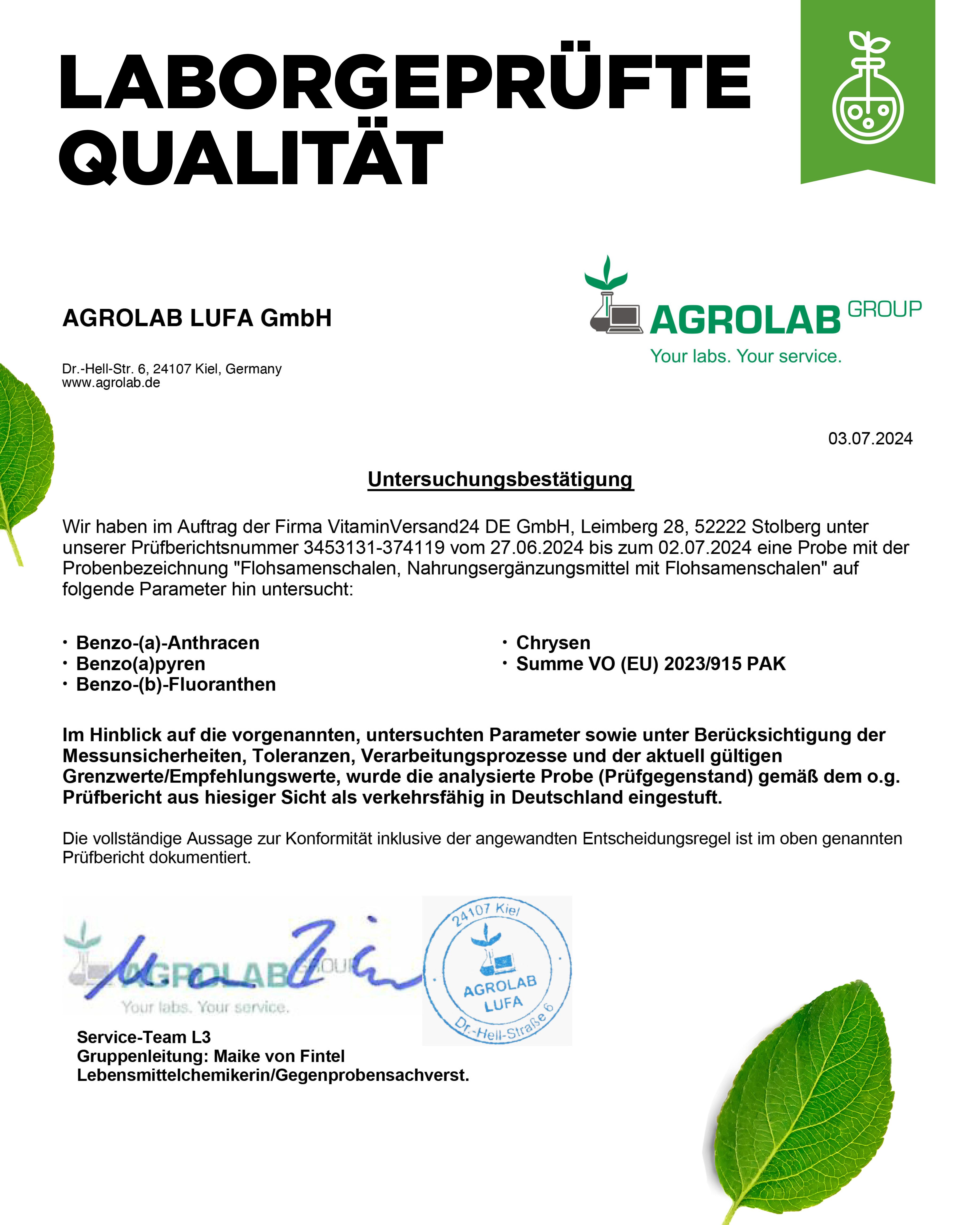 Laborbericht von Agrolab LUFA GmbH. Untersucht: Benzo(a)-Anthracen, Benzo(a)pyren, Benzo(b)-Fluoranthen, Chrysen, Summe VO (EU) 2023/915 PAK.
