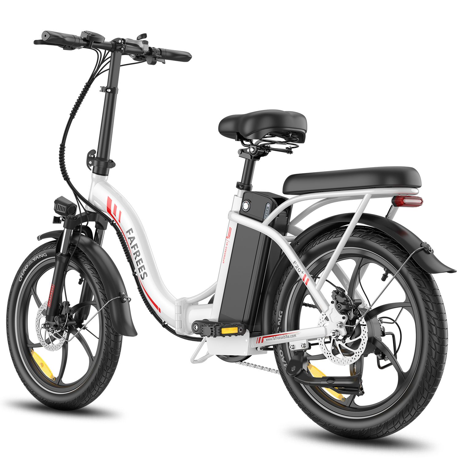 Faltbares E-Bike, weiß mit roten Akzenten. Schwarze Reifen, Sattel und Lenker. Marke FAFREES.