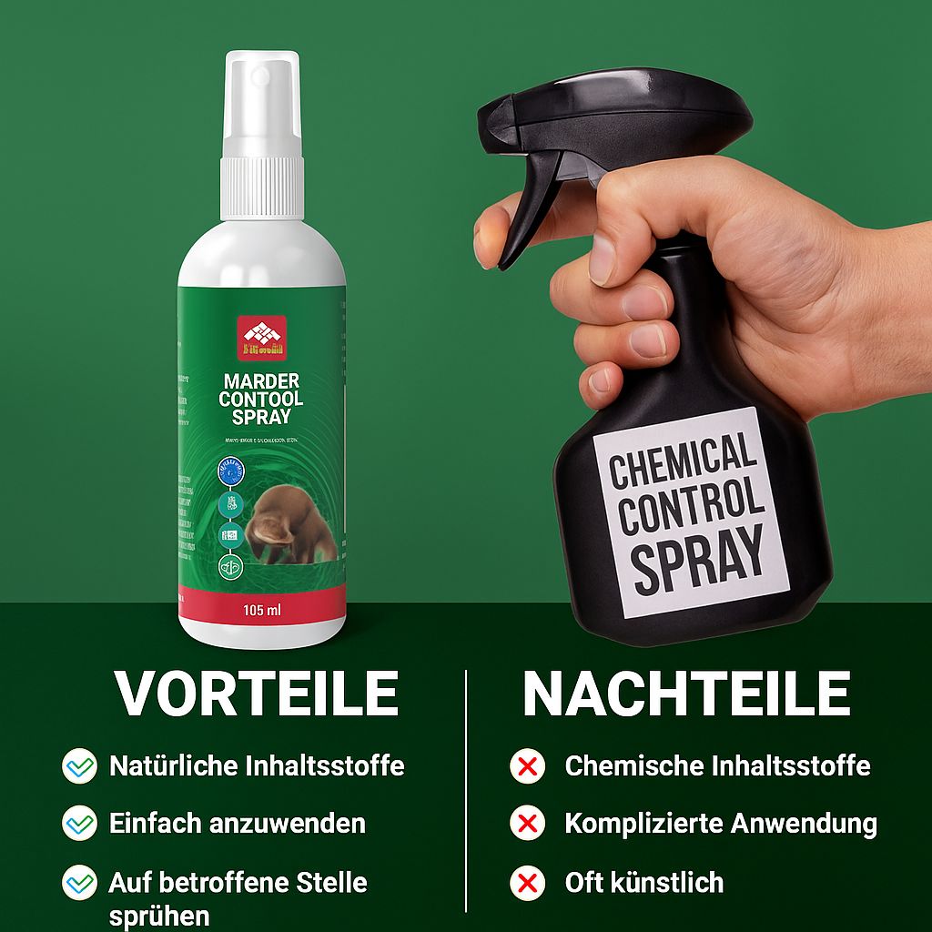 Zwei Sprühflaschen. Links: Marder Control Spray. Rechts: Chemical Control Spray. Vorteile und Nachteile werden verglichen.
