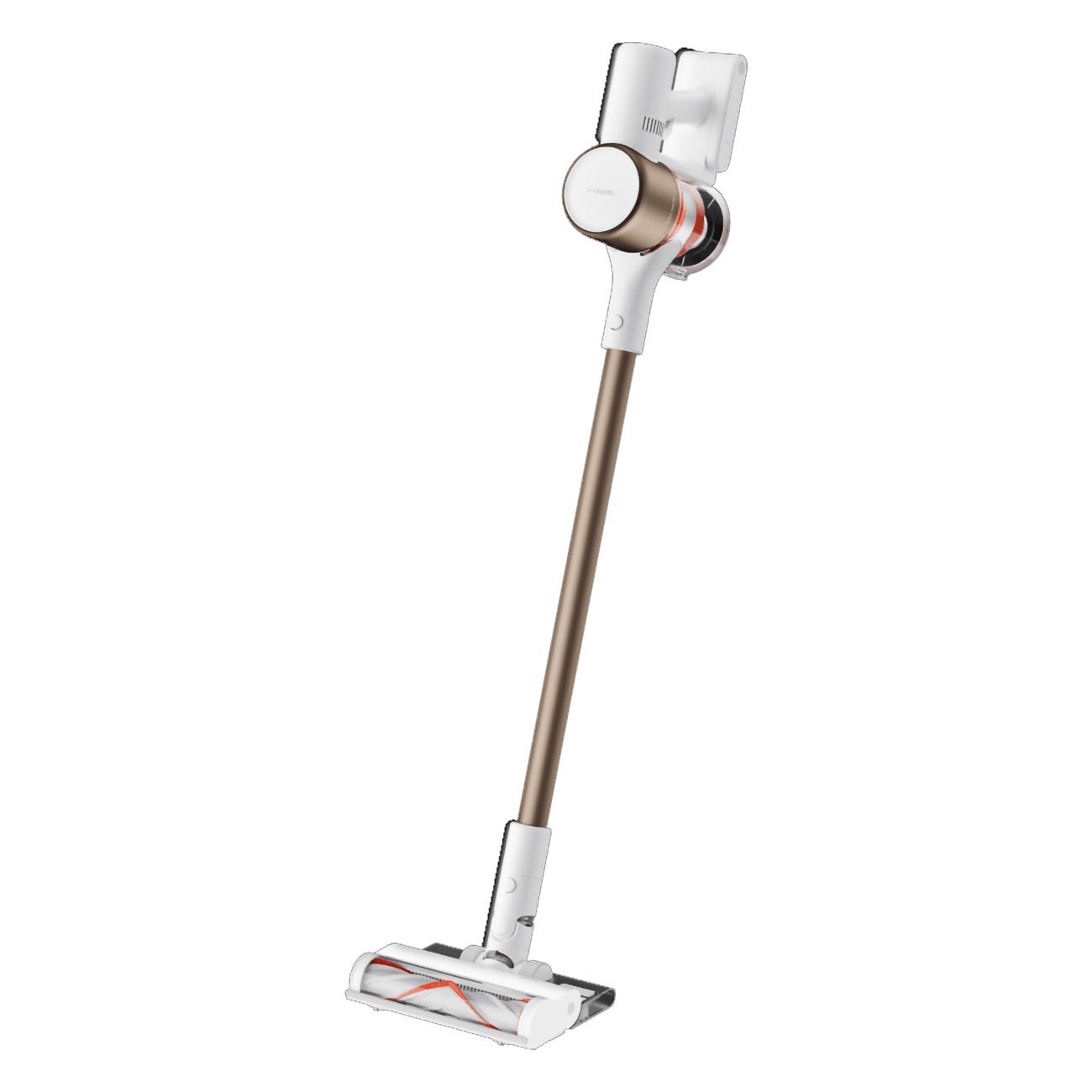 Kabelloser Staubsauger, weiß und goldfarben. Mit Bürste und Stiel. Aufrecht stehend.