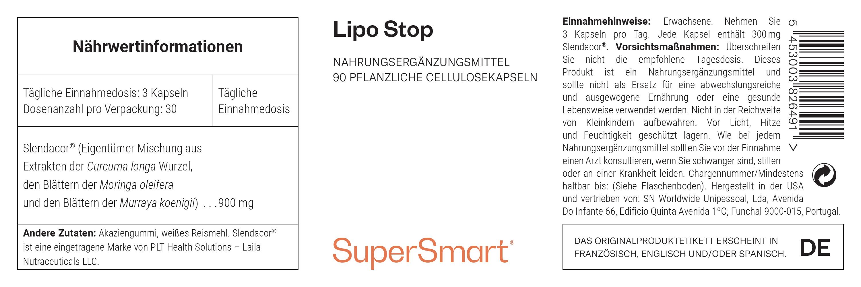Etikett mit Produktinformationen. Enthält Text: Lipo Stop, 90 pflanzliche Zellulosekapseln, SuperSmart. Enthält Nährwertangaben und Inhaltsstoffe.