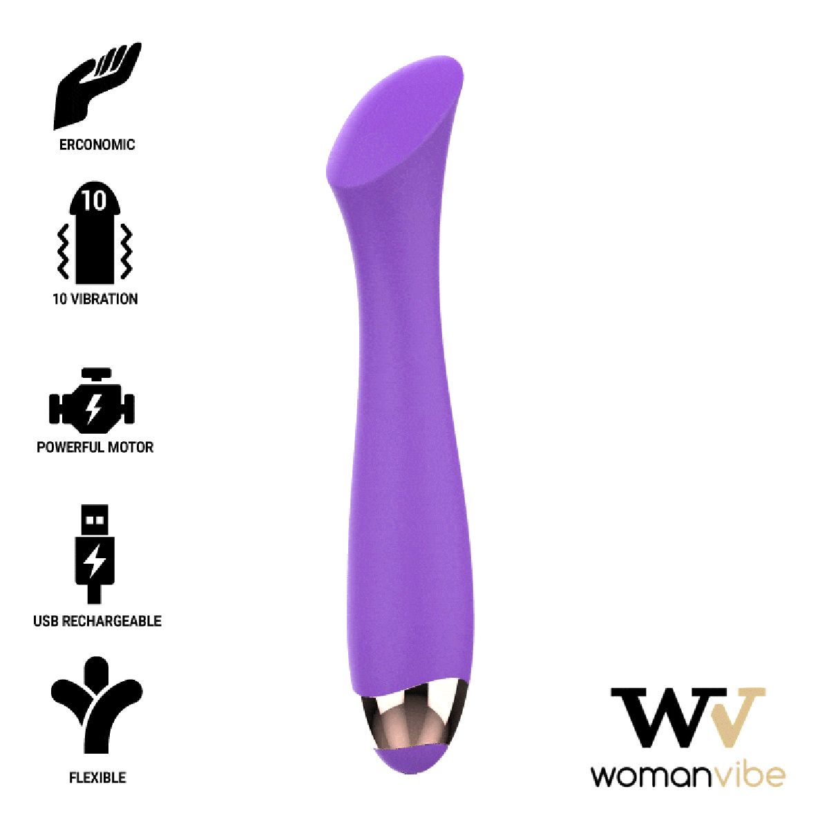 Lila Vibrator mit goldfarbenem Kopf. Aufschrift: 10 Vibration, USB wiederaufladbar, Womanvibe. Ergonomisch, flexibel, leistungsstarker Motor.