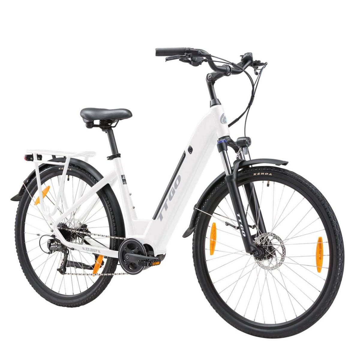 Weißes E-Bike mit schwarzen Reifen und Gepäckträger. TTGO-Logo auf dem Rahmen.