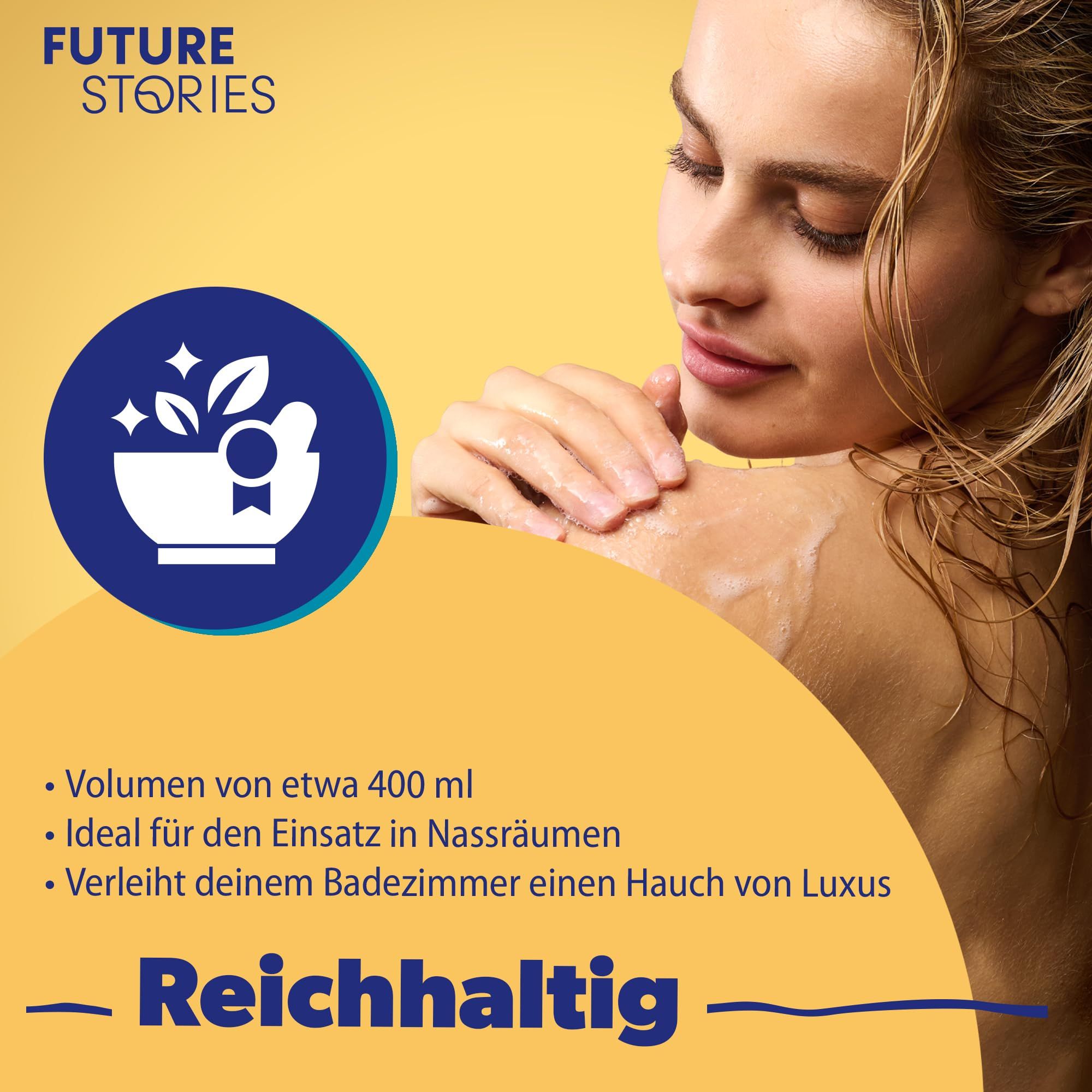 Frau wäscht sich. Text: Volumen von etwa 400 ml, Ideal für den Einsatz in Nassräumen, Verleiht deinem Badezimmer einen Hauch von Luxus.