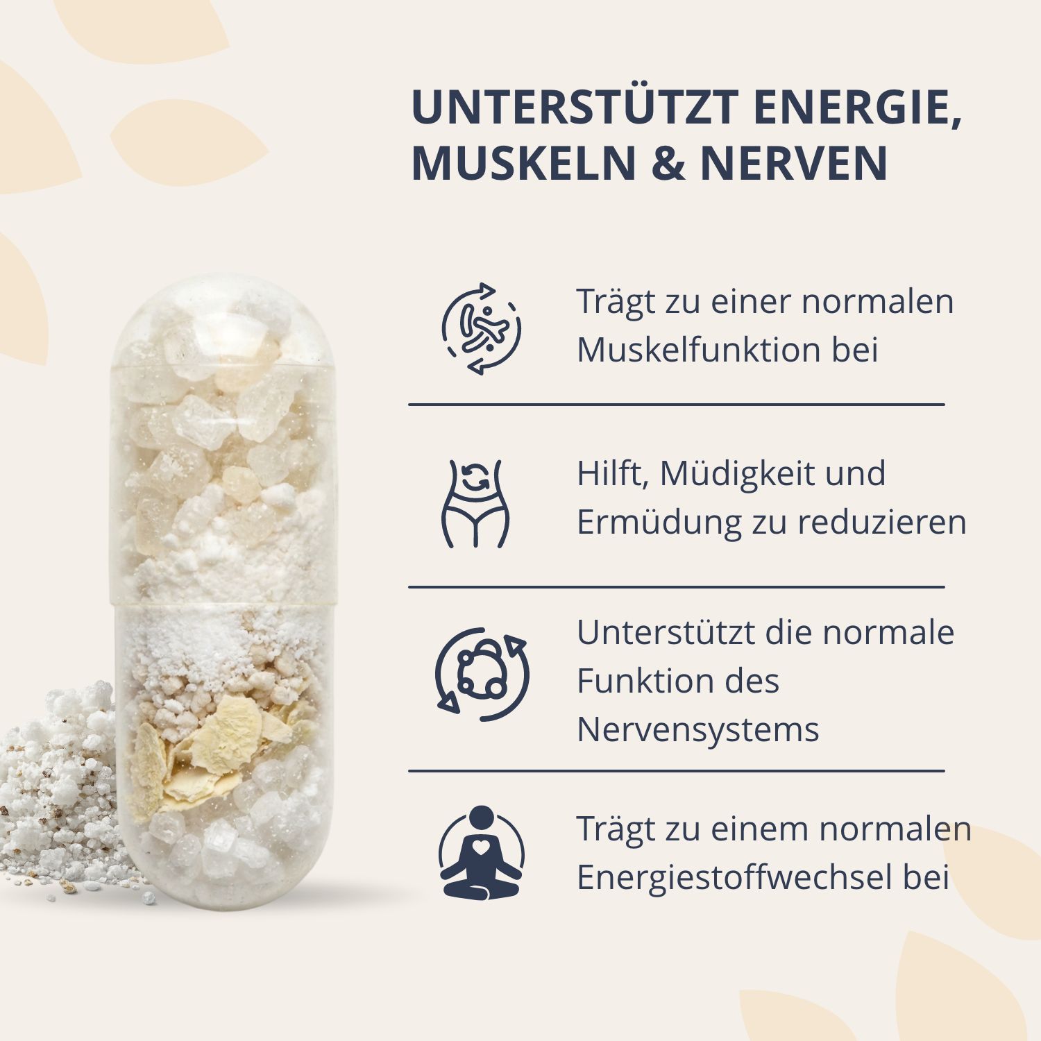 Transparente Kapsel mit Magnesiumgranulat, unterstützt Energie, Muskeln & Nerven.