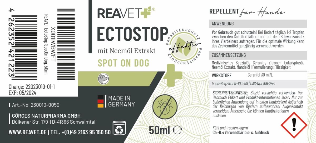 Etikett mit Produktinformationen. Produktname und Marke ReaVET. Text in deutscher Sprache. Made in Germany. 50ml.