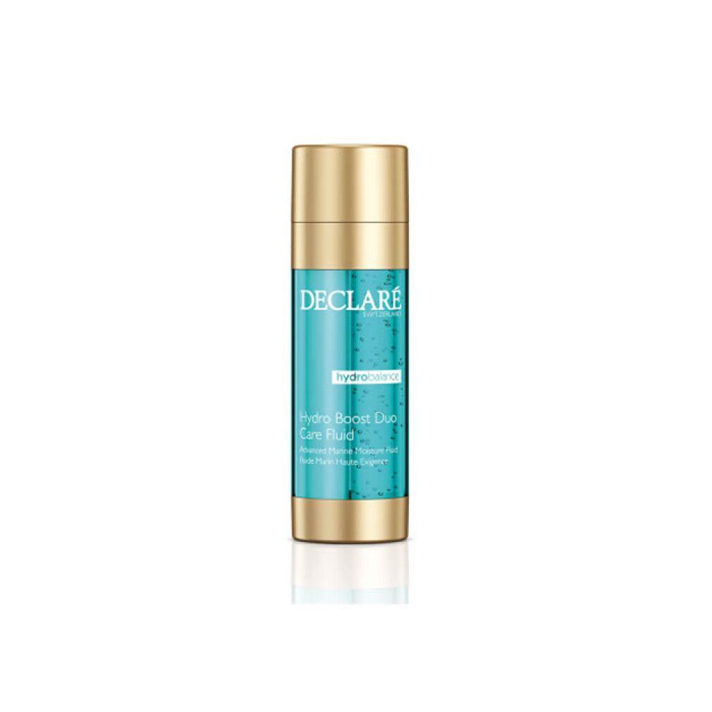 DECLARÉ Hydro Boost Duo Care Fluid in türkiser Flasche mit goldenem Verschluss.