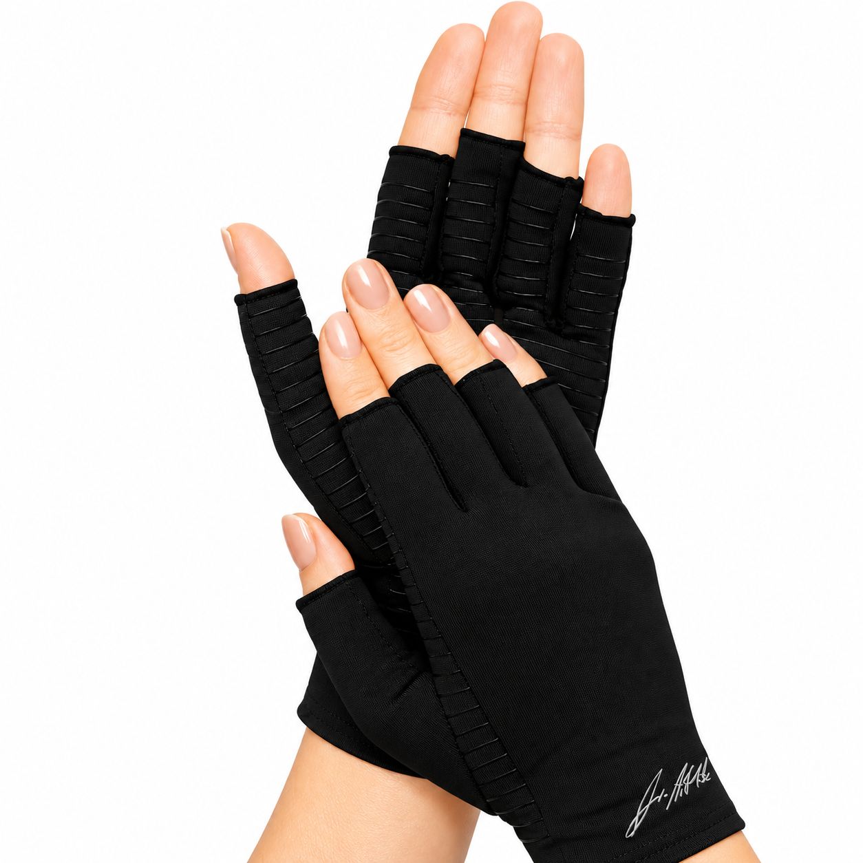 Schwarze Kompressionshandschuhe mit offenen Fingern und Logo.