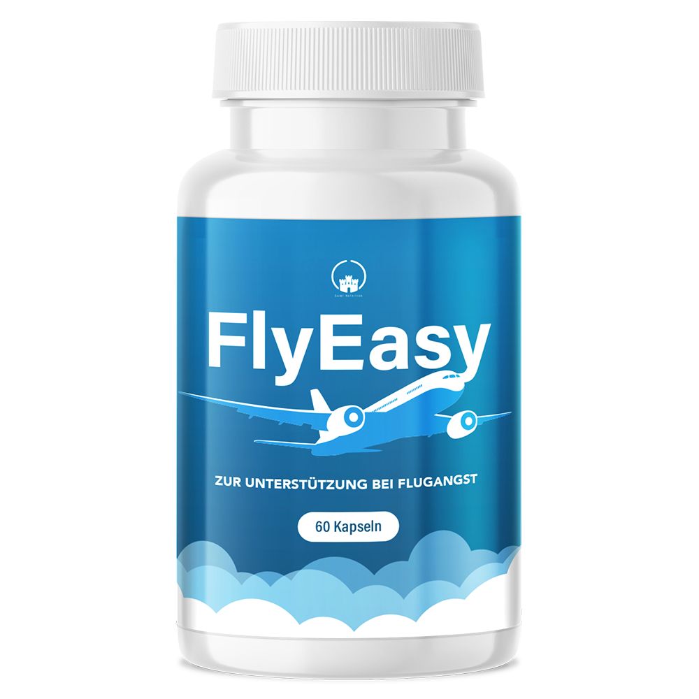 Weiße Flasche mit blauem Etikett. Aufschrift: FlyEasy, Flugzeug-Illustration, 60 Kapseln. Zur Unterstützung bei Flugangst.
