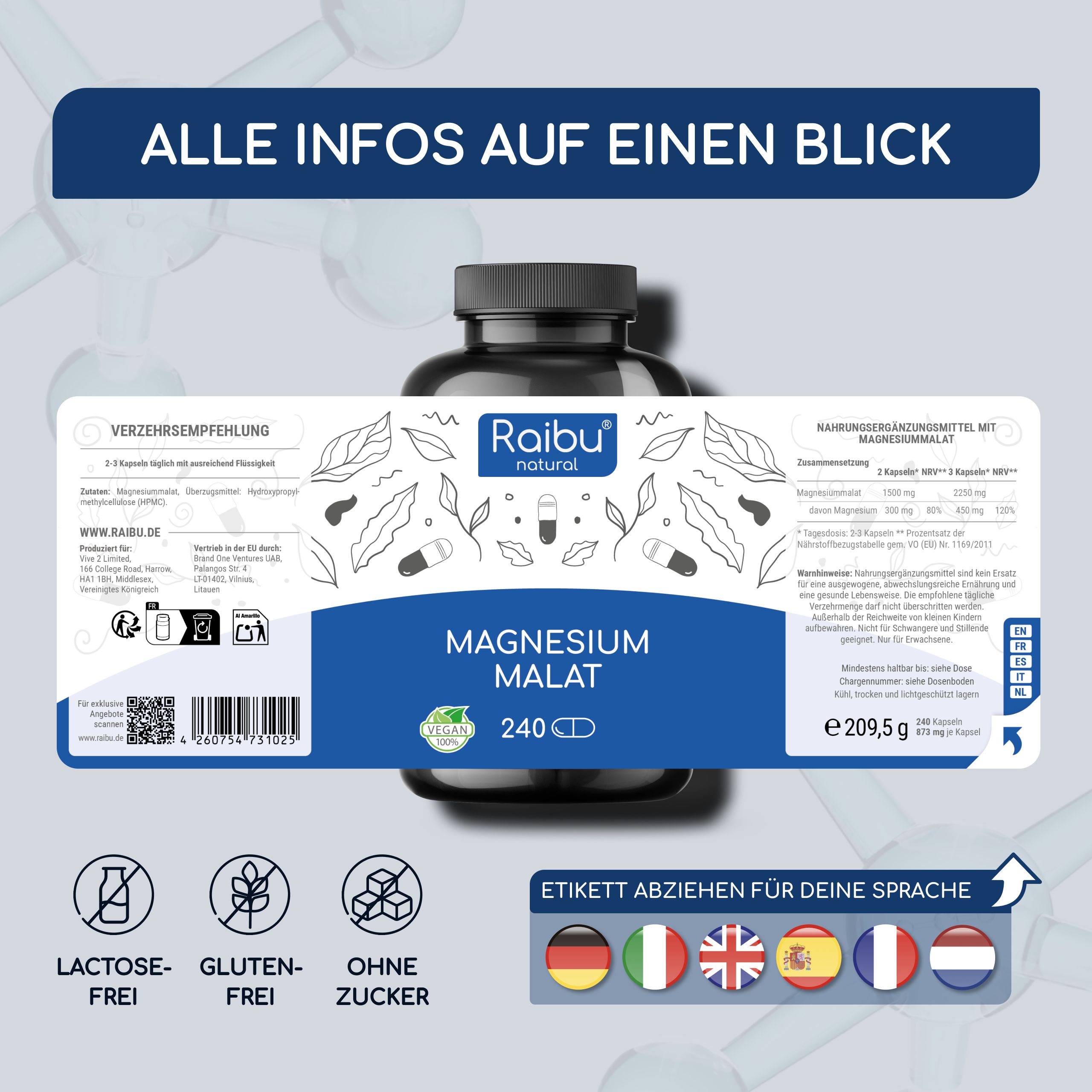 Raibu Magnesium Malat Kapseln, 240 Stück, vegan, glutenfrei, laktosefrei, ohne Zucker.