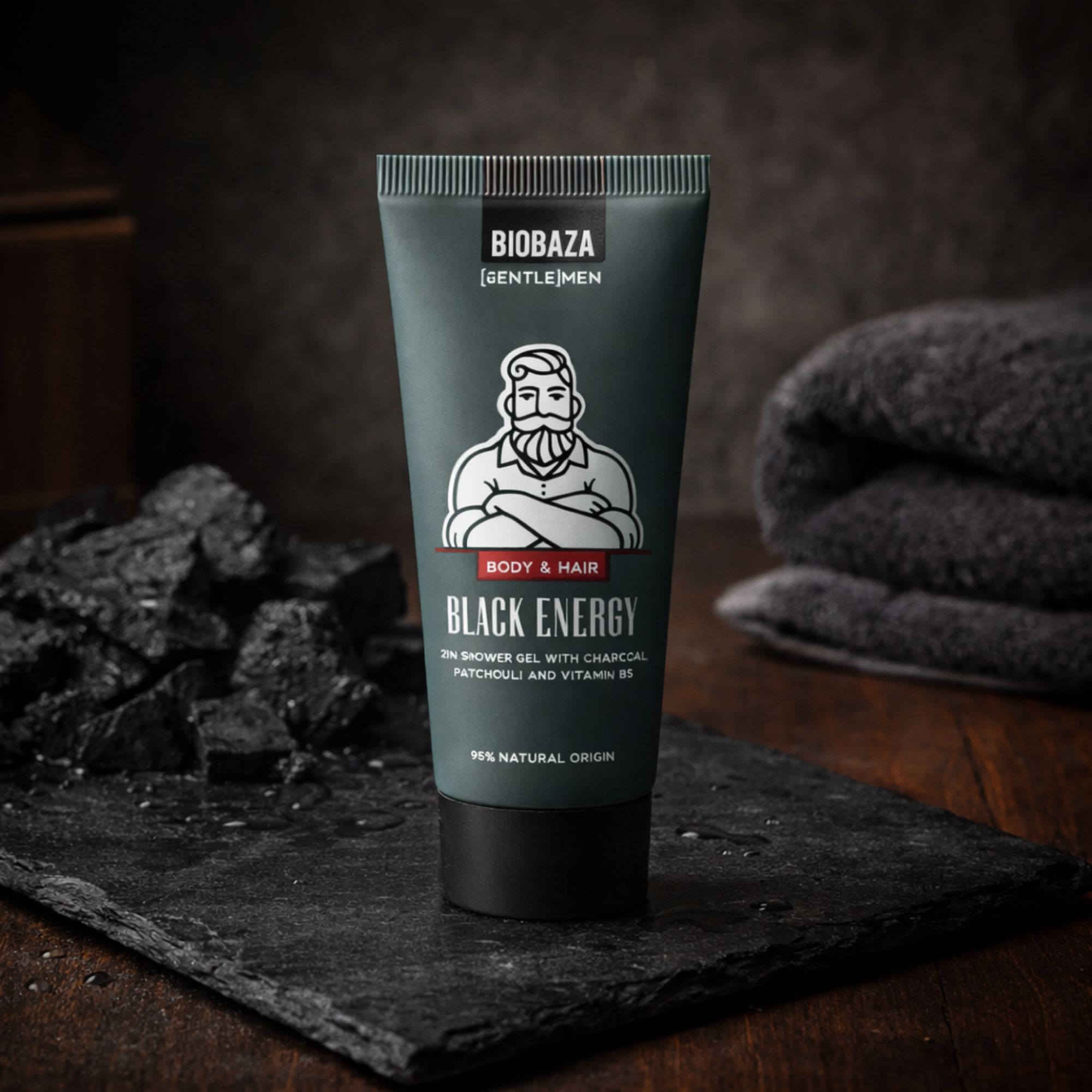 BIOBAZA Black Energy 2in1 Duschgel & Shampoo 30 ml mit Aktivkohle, Patchouli und Vitamin B5
