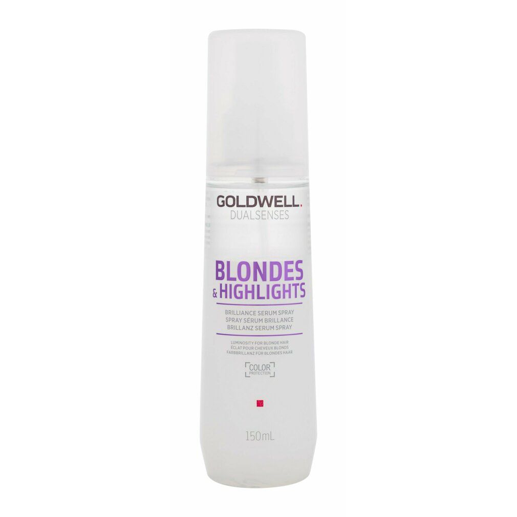 Goldwell Dualsenses Blondes & Highlights Brilliance Serum Spray. Weiße Flasche mit Sprühkopf. Produktname und Logo sichtbar.