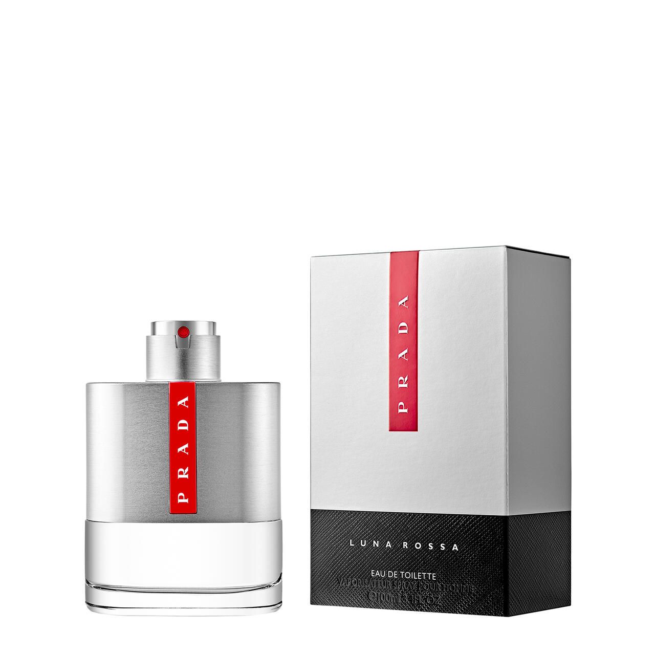 Prada Luna Rossa Eau de Toilette Flakon und Verpackung. Silberfarbener Flakon, weißer Karton mit rotem Prada-Streifen.