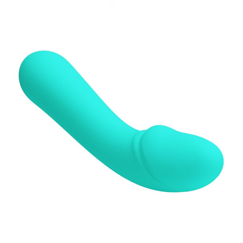 Türkisfarbener Vibrator mit gebogener Form. Oberteil mit erhabener Struktur. Glatte Oberfläche.