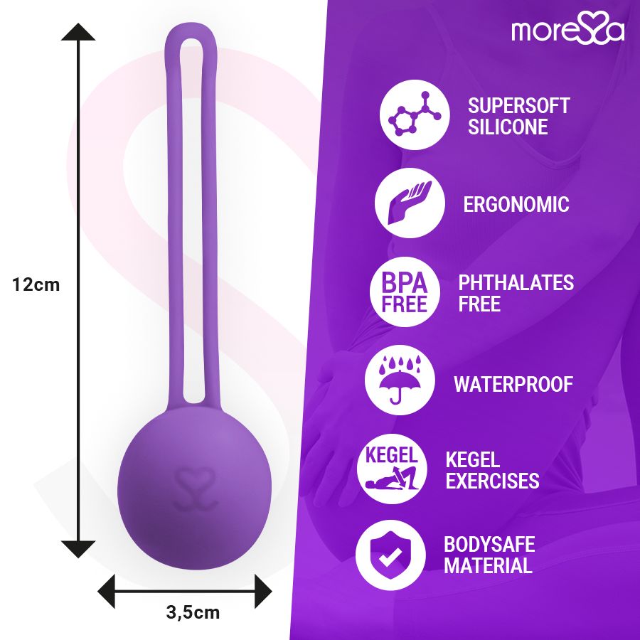 Lila Kegel-Trainingskugel aus Silikon. Abmessungen: 12 cm x 3,5 cm. Text: SUPERSOFT SILICONE, ERGONOMIC, BPA FREE, WATERPROOF, KEGEL EXERCISES, BODYSAVE MATERIAL.