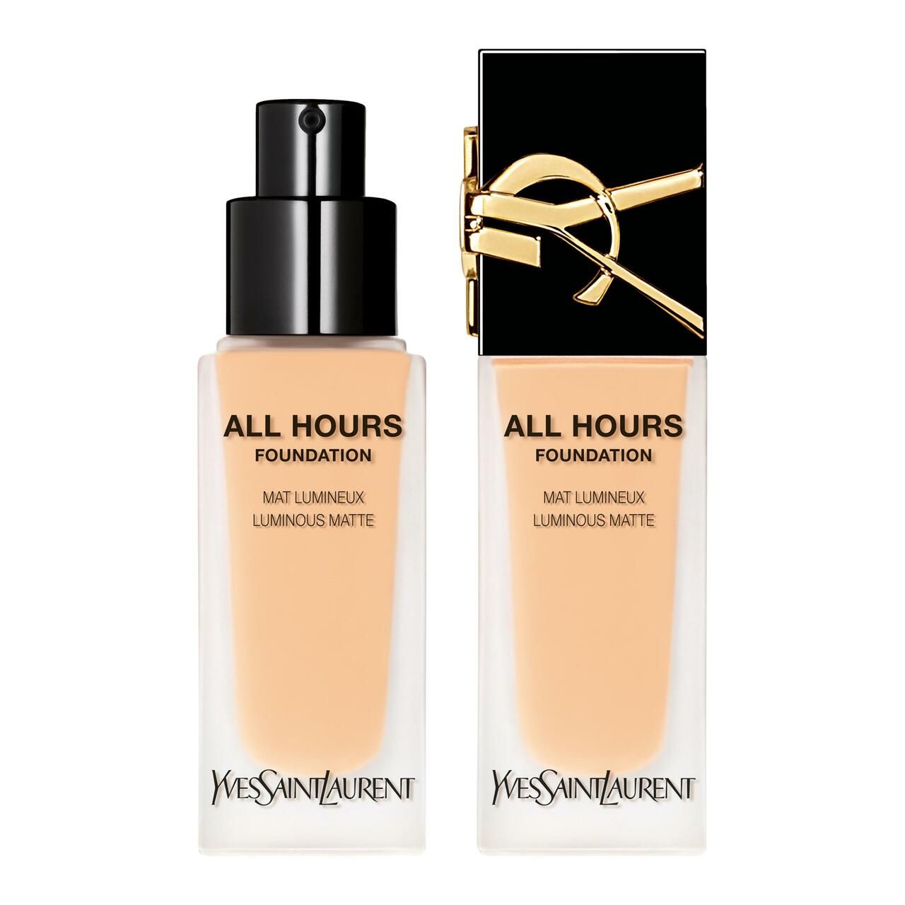 Zwei Flakons Yves Saint Laurent Encre de Peau All Hours Foundation. Rechteckige Form, transparente Basis, schwarzer Deckel. Text: ALL HOURS FOUNDATION, MAT LUMINEUX, LUMINOUS MATTE.