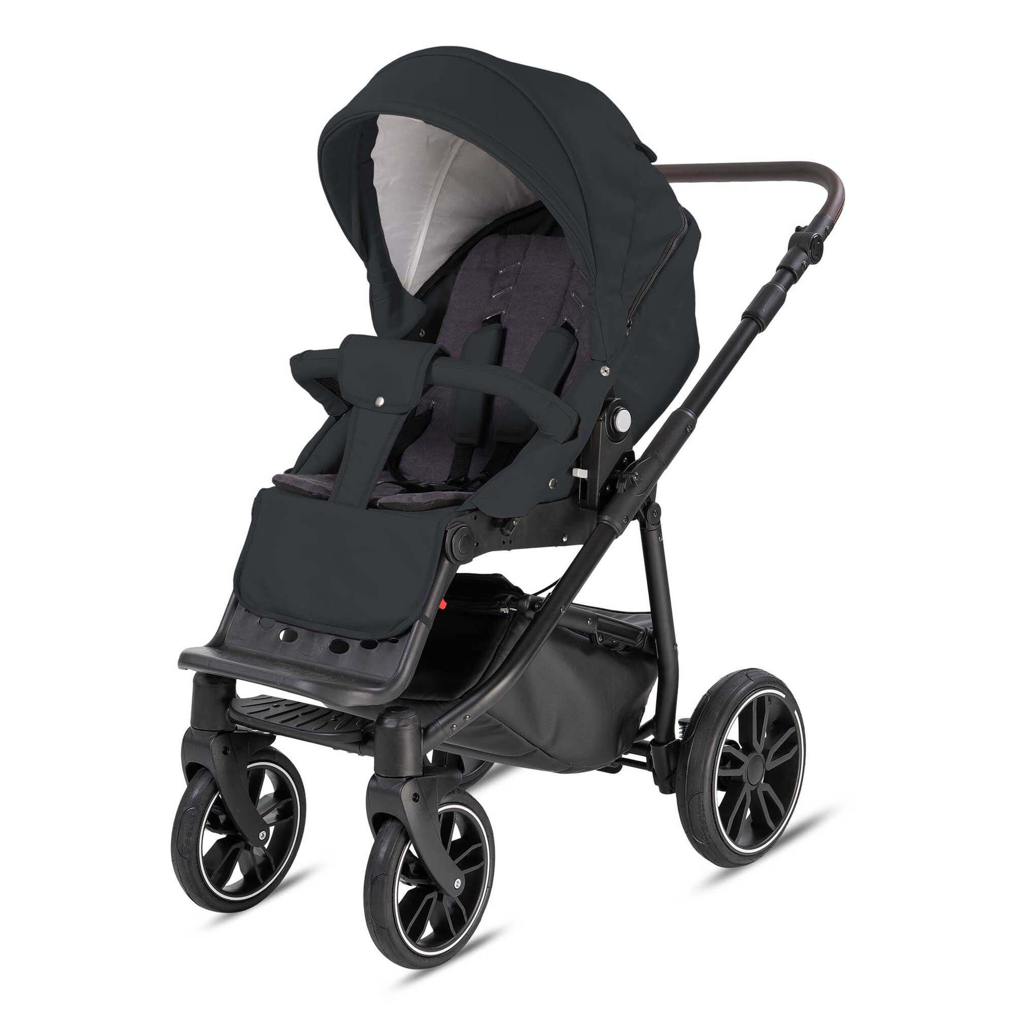 Dunkelgrauer Kinderwagen mit schwarzem Gestell und braunem Griff. Sportsitz montiert.