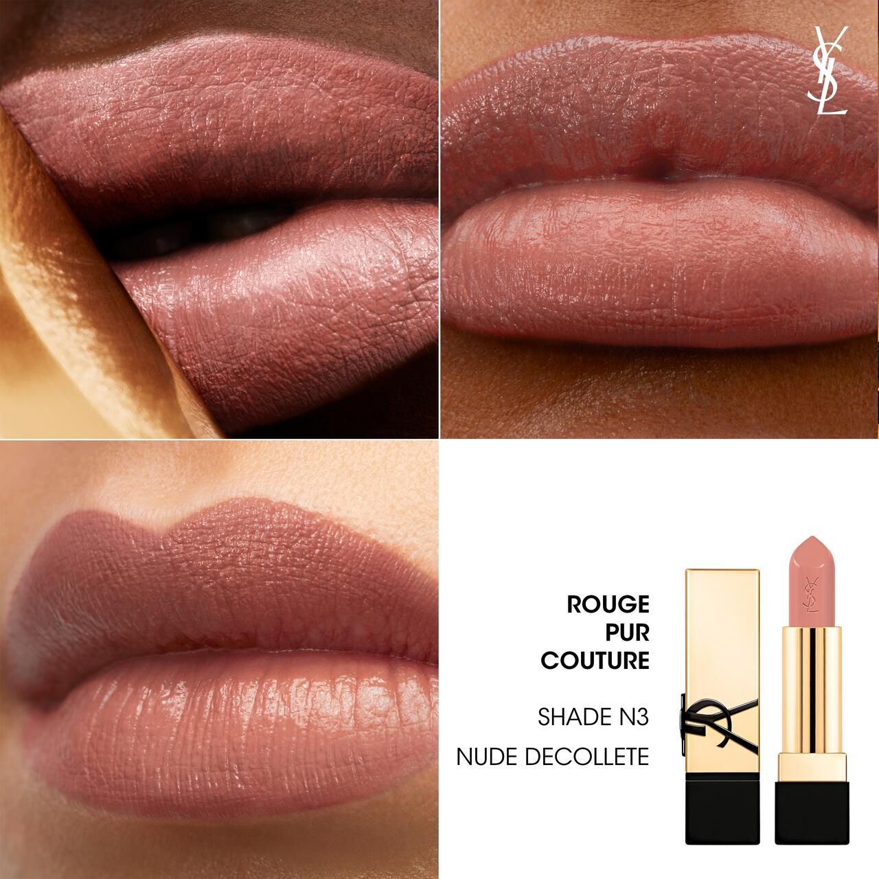 Drei Arm-Swatches mit Yves Saint Laurent Rouge Pur Couture Lippenstifttönen, darunter N3 Nude Décolleté.