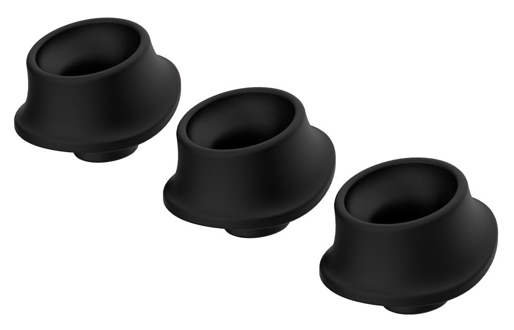 Drei schwarze Ersatzköpfe. Konische Form mit abgerundeter Basis und Öffnung.