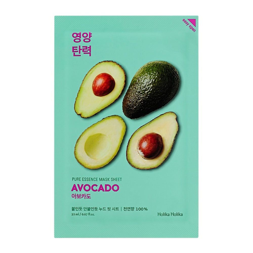 Gesichtsmaske mit Avocado-Motiv. Text: Pure Essence Mask Sheet Avocado, Holika Holika. Grünliche Verpackung mit Avocado-Hälften.