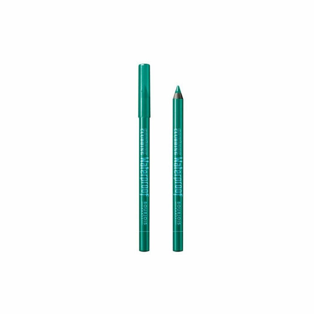 Zwei grüne Bourjois Contour Clubbing Waterproof Eye Pencils, einer mit Kappe. Aufschrift: Waterproof, Bourjois Paris.