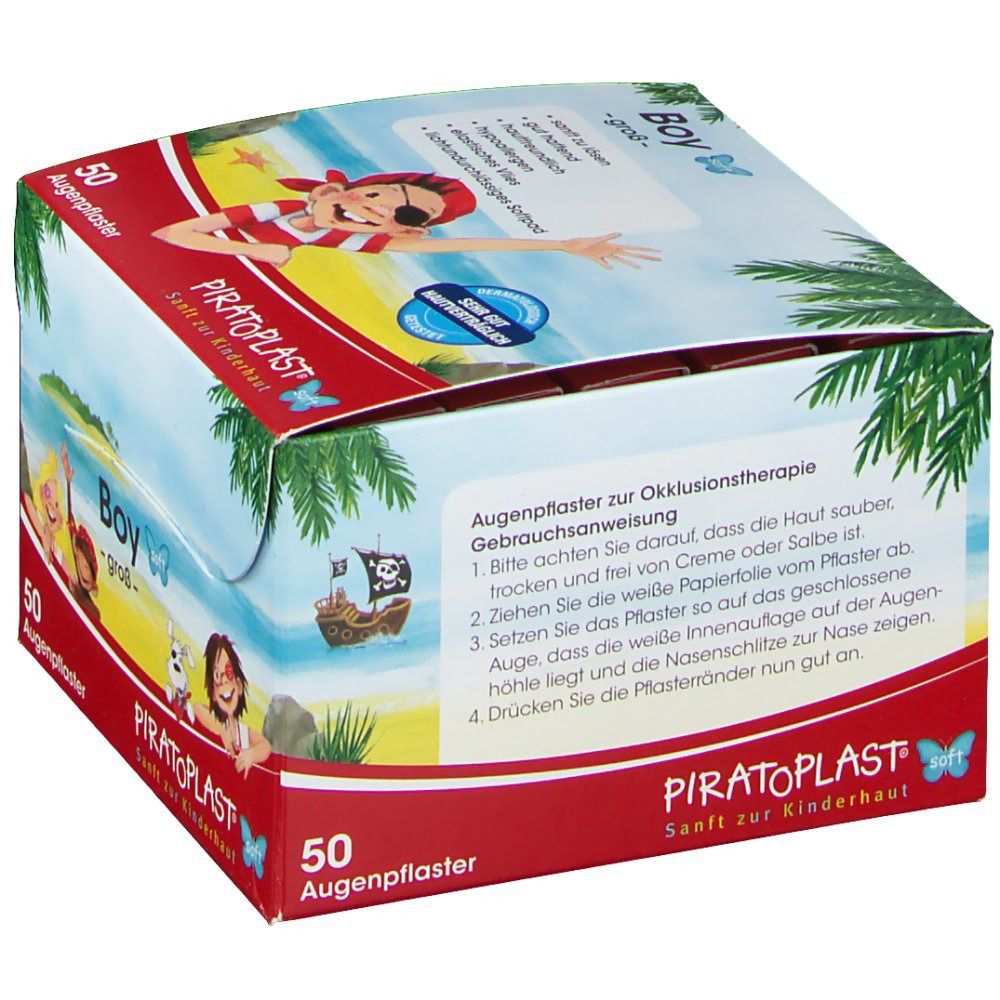 Karton mit 50 Augenpflastern. Aufdruck: PIRATOPLAST® Boy soft groß. Illustration eines Piratenjungen. Gebrauchsanweisung.