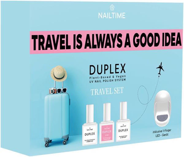 Blau-rosa Verpackung. Enthält UV-Nagellack-System, Mini-LED-Lampe, Koffer-Illustration. Text: Nailtime, Duplex Travel Set.