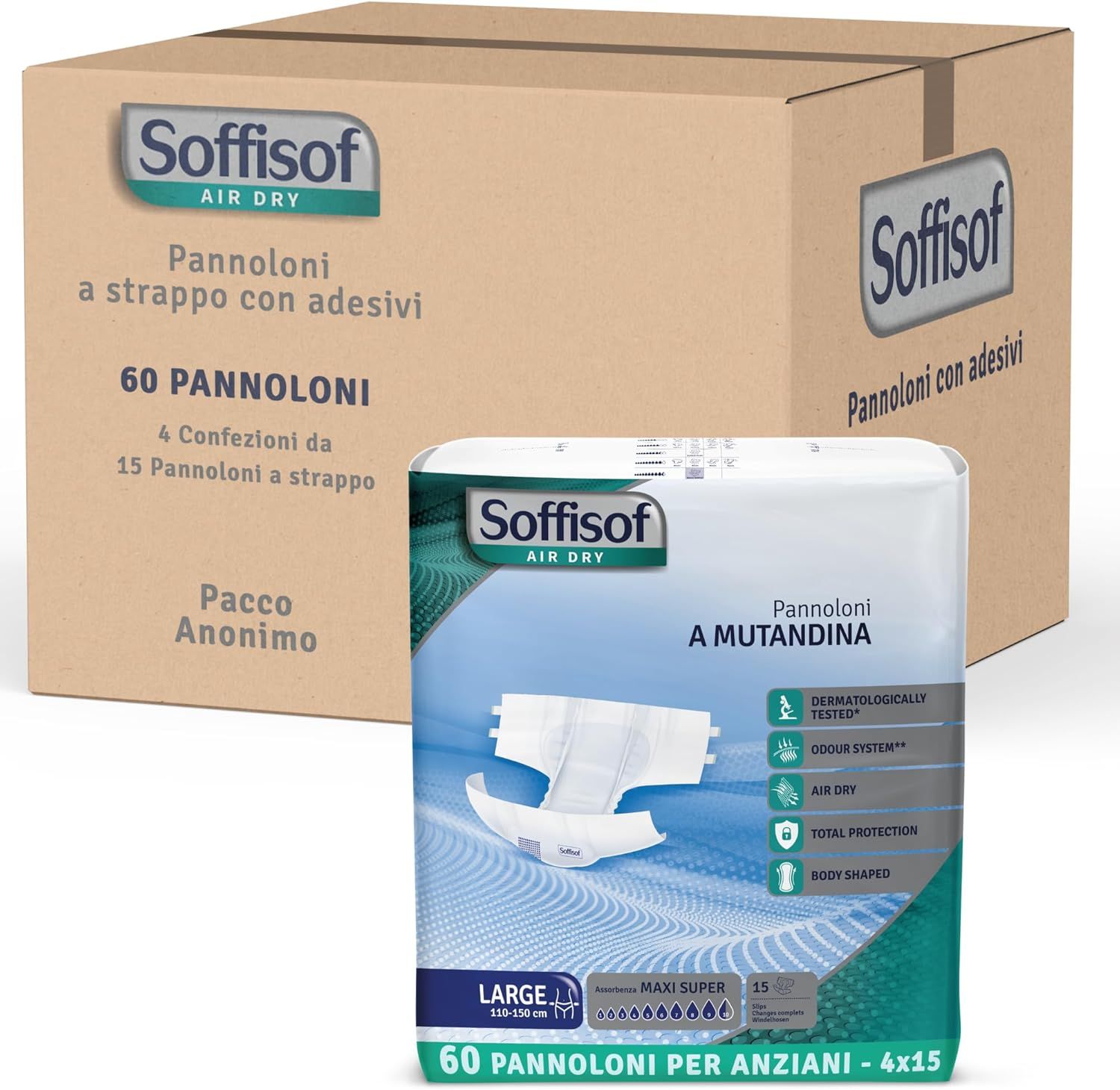 Verpackung von Soffisof Air Dry Windeln für Erwachsene Maxi Super. Karton und Packung. Produktname und Informationen sichtbar.