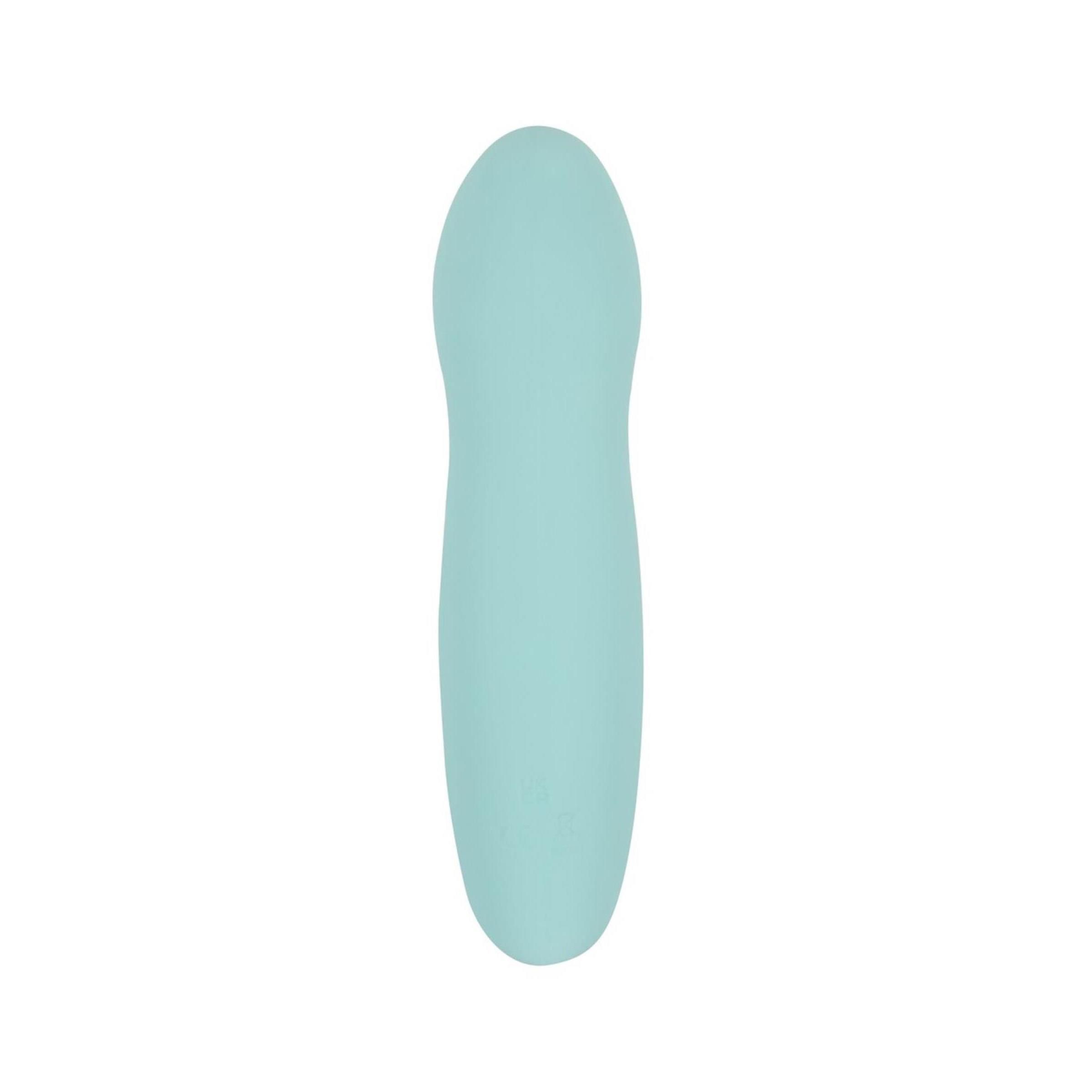 Türkisfarbener Vibrator mit abgerundeter Spitze. Glatte Oberfläche, ergonomische Form.