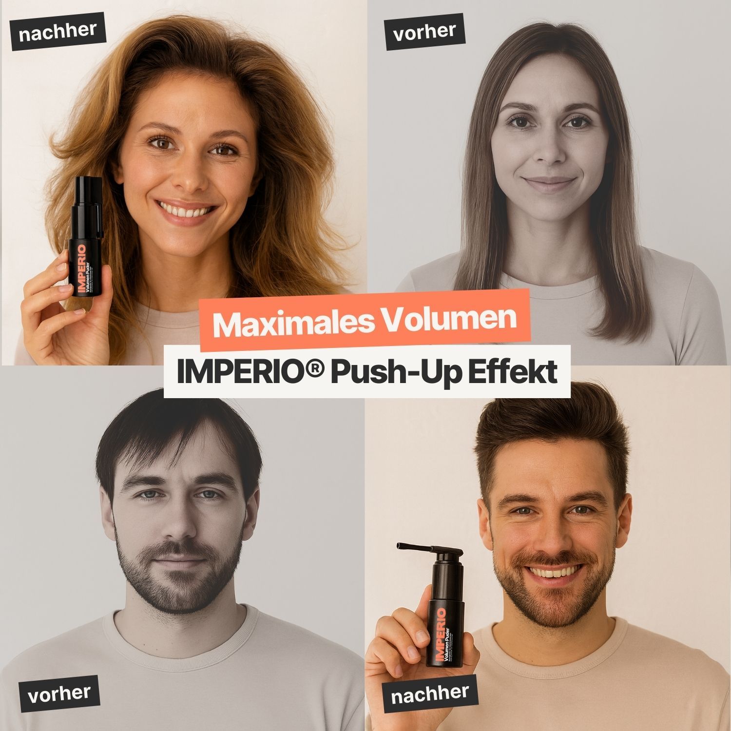 Vorher-Nachher-Vergleich. Zwei Frauen und zwei Männer. IMPERIO® Push-Up Effekt. Produktflasche sichtbar.