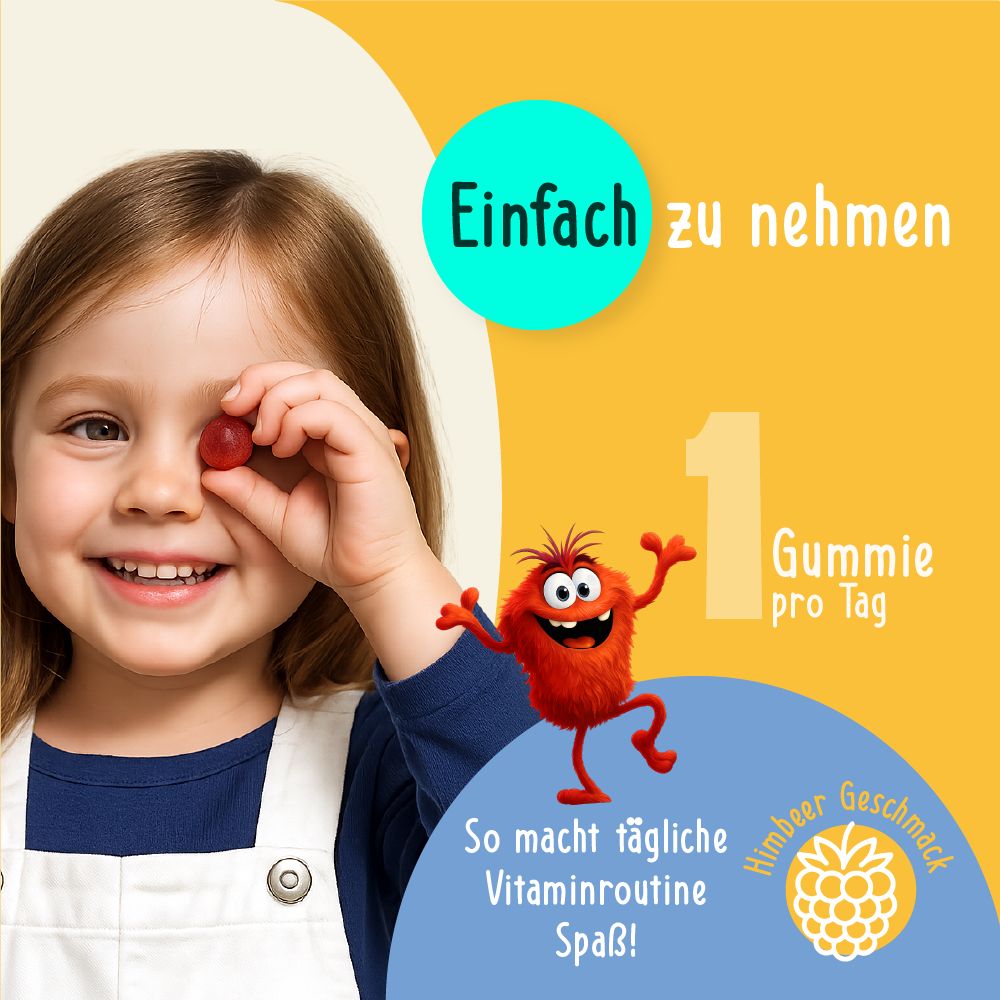 Kind hält rotes Gummibärchen vor das Auge. Aufschrift: 1 Gummie pro Tag, Himbeergeschmack. Text: Einfach zu nehmen, So macht Spaß!