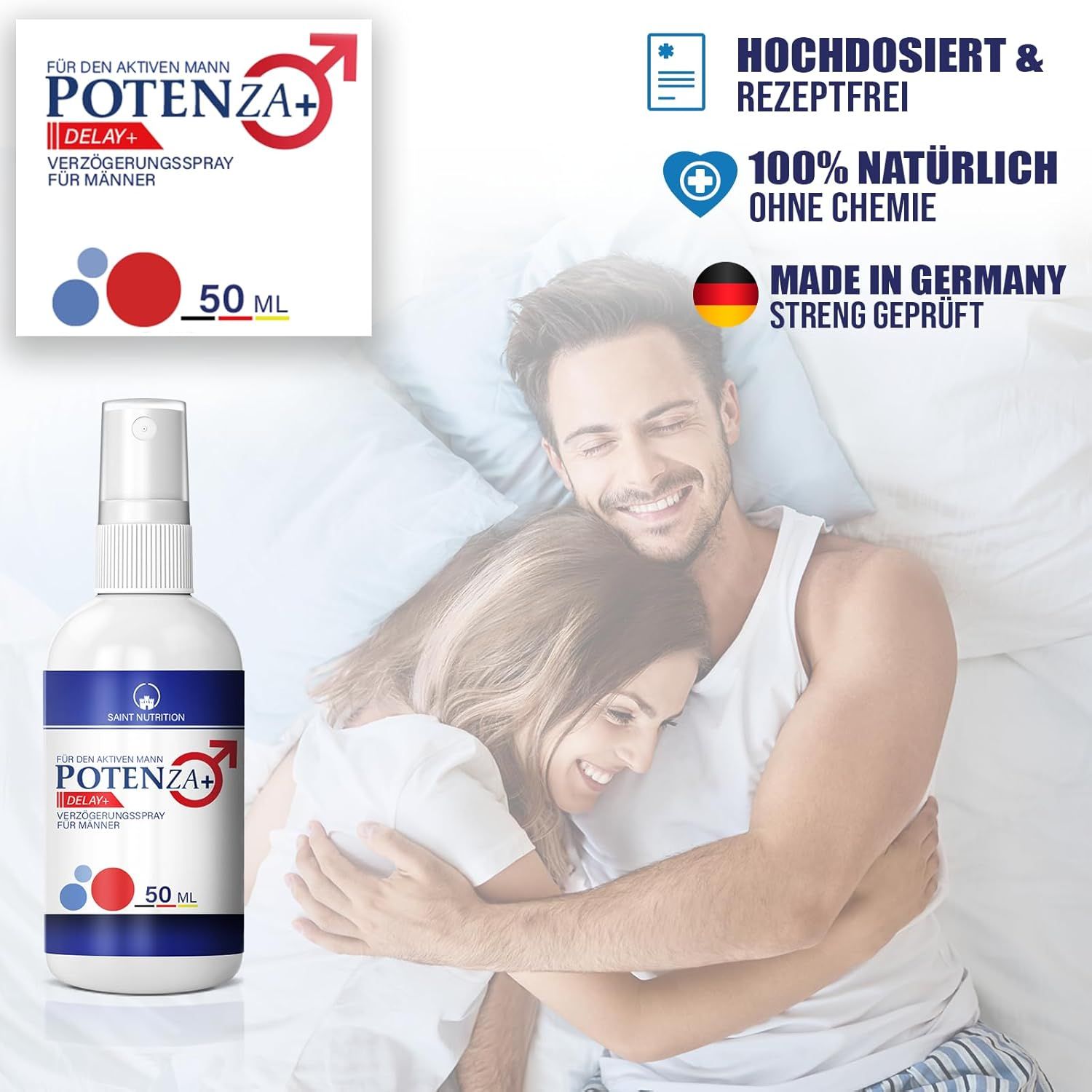 Produktflasche neben einem Blatt mit Produktinformationen. Paar im Bett. Text: HOCHDOSIERT & REZEPTFREI, 100% NATÜRLICH OHNE CHEMIE.
